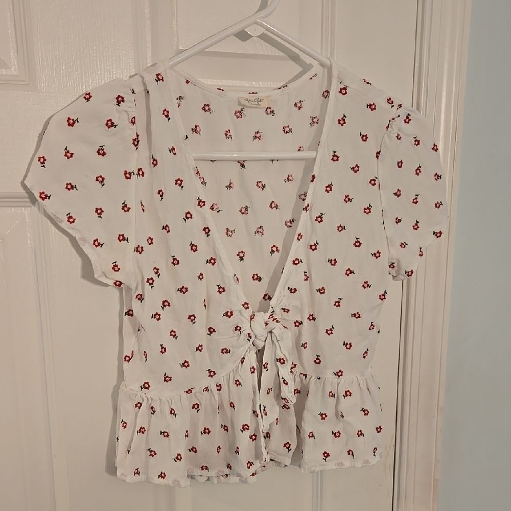 Floral White Blouse with Red Accents